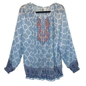 Sundance Blue Moroccan Trellis Print Beaded Peasant Top size Large